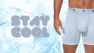 Man wearing breathable boxer briefs in front of icy "stay cool" backdrop.